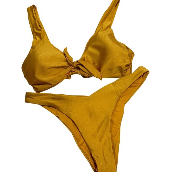 New Golden Mustard Yellow Front and Back Tie High Leg Bikini set Size Large - Picture 1 of 3